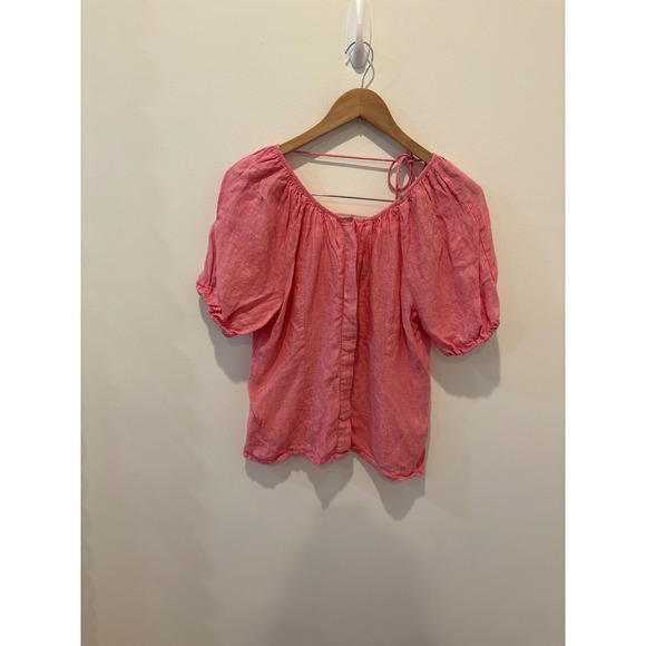 J. Crew Tops - J. Crew‎ Pink Linen Blend Puff Sleeve Tie Neck Blouse Top Size 4